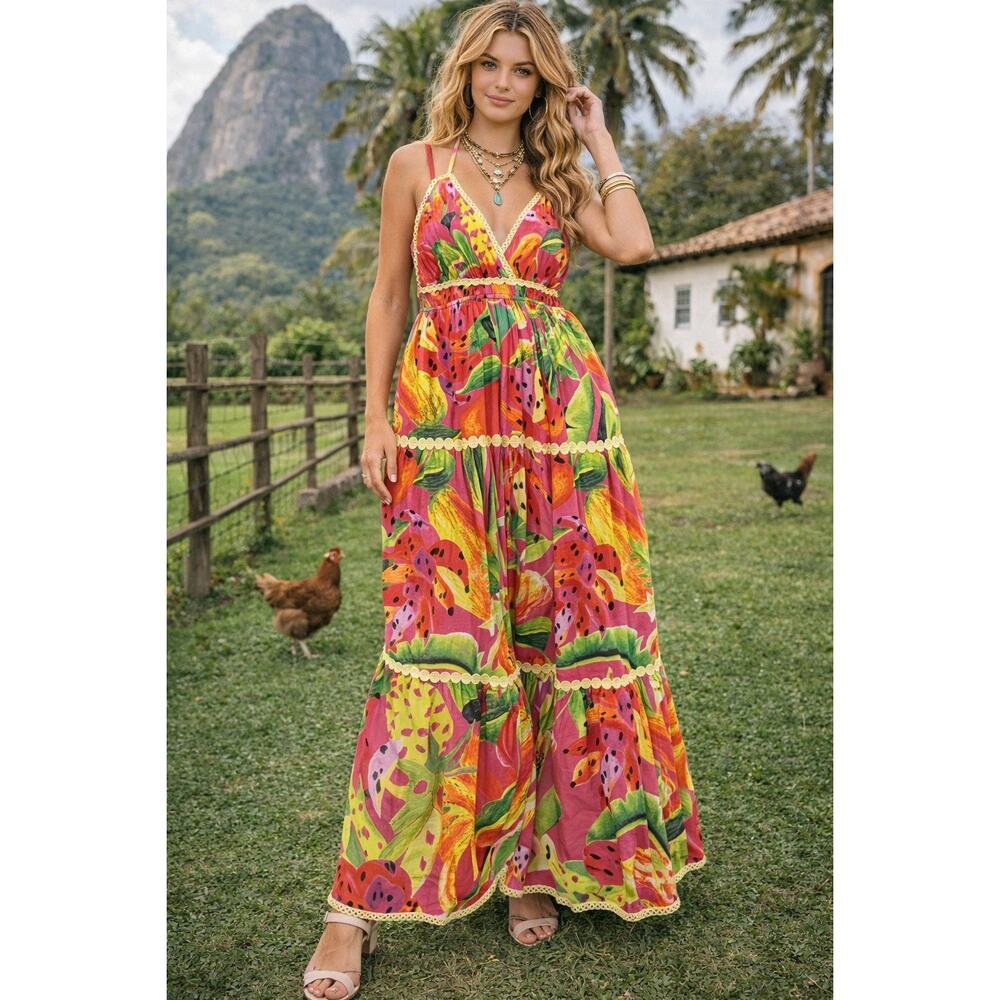 Marie by Victoria Dunn Brielle Passion Fruit Midi Sundress Pink Yellow Women NWT